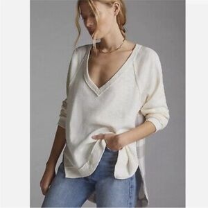 Anthropologie Pilcro V Neck Long Sleeve Top Cream Gray Plaid Back High Low Small